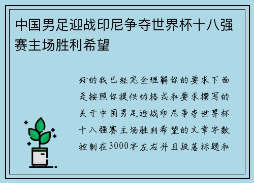 中国男足迎战印尼争夺世界杯十八强赛主场胜利希望